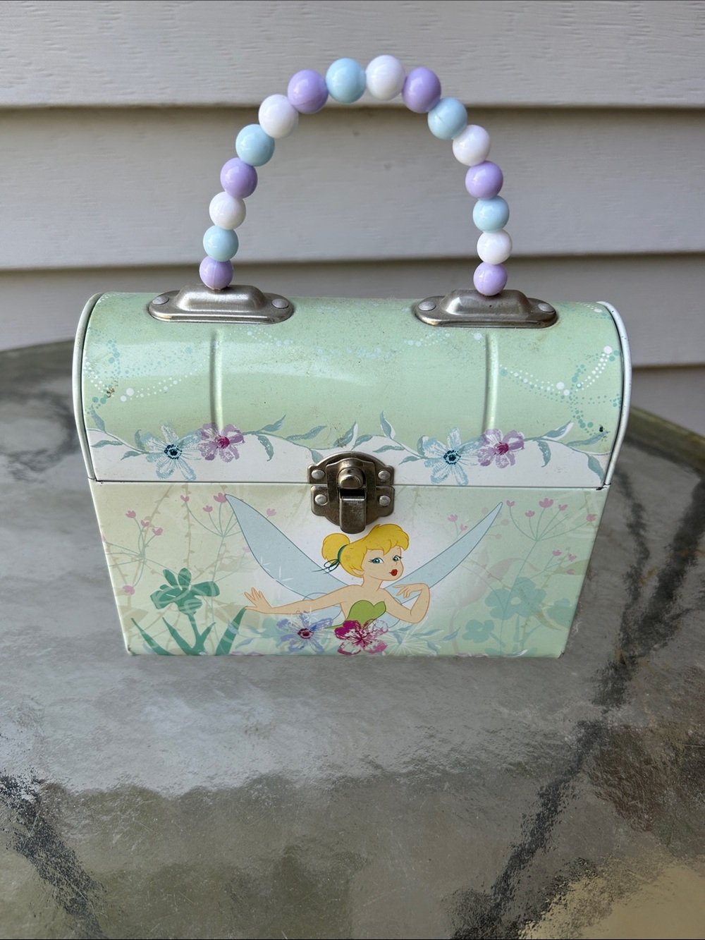 Disney Tinker Bell Pastel Mint Floral Tin Box with Beaded Handle